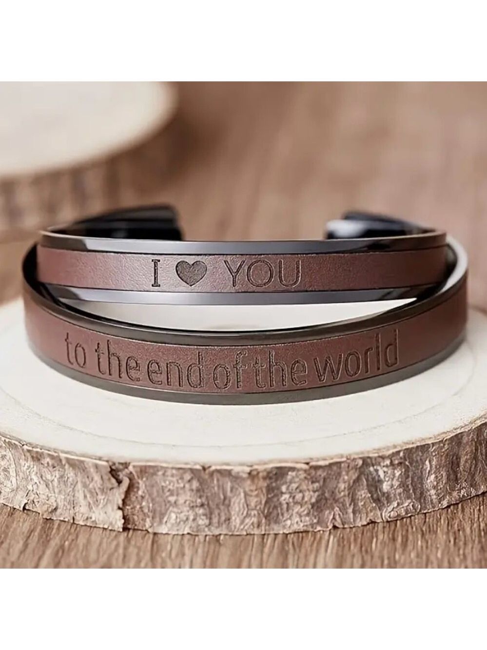 His & Hers Stainless Steel + Leather Forever Love Bracelet Matching Set
